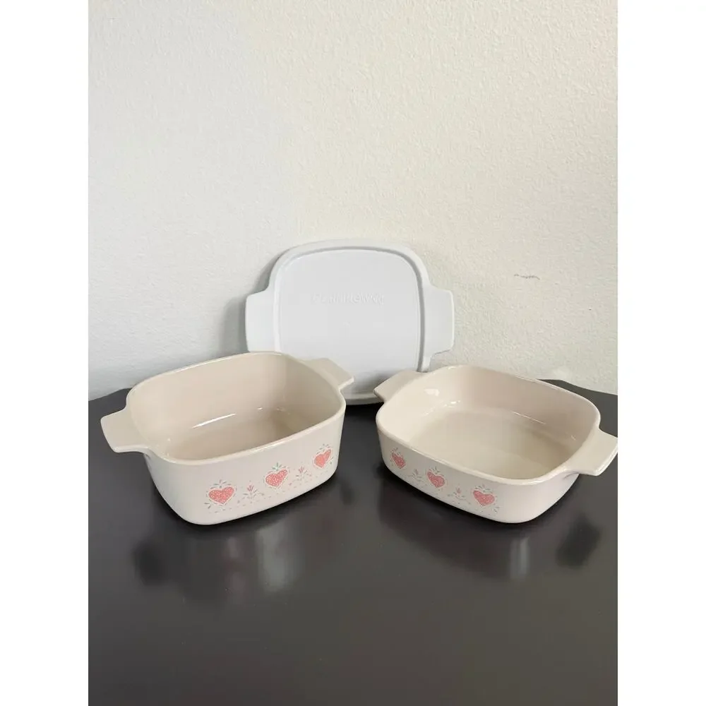Vintage CorningWare casserole baking dishes Forever Yours pattern pink heart lid